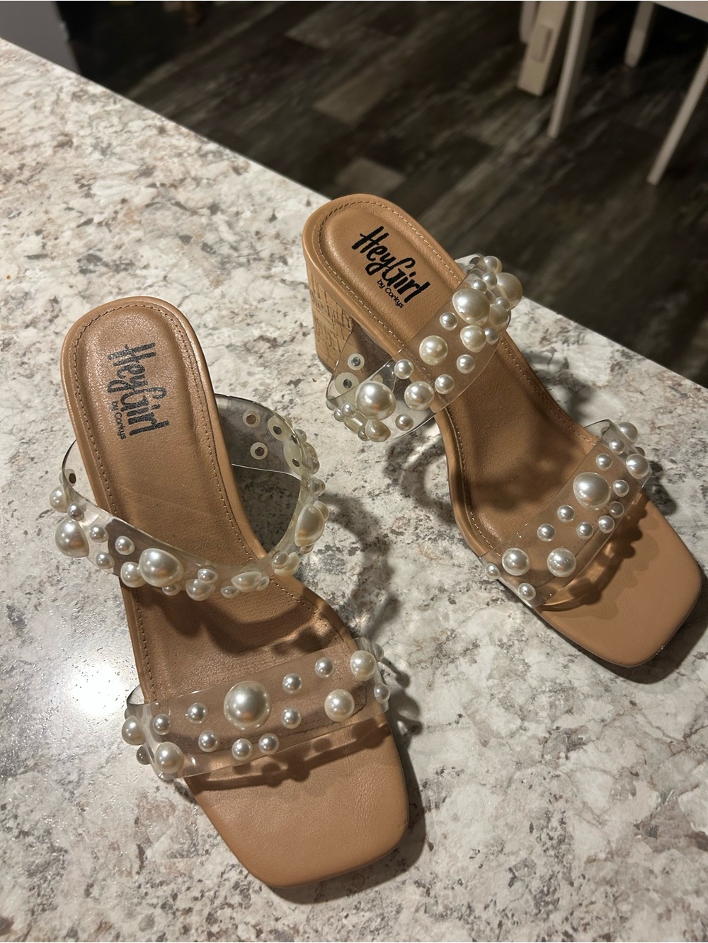 Hey Girl Nude Pearl-Embellished Clear Strap Block Heels